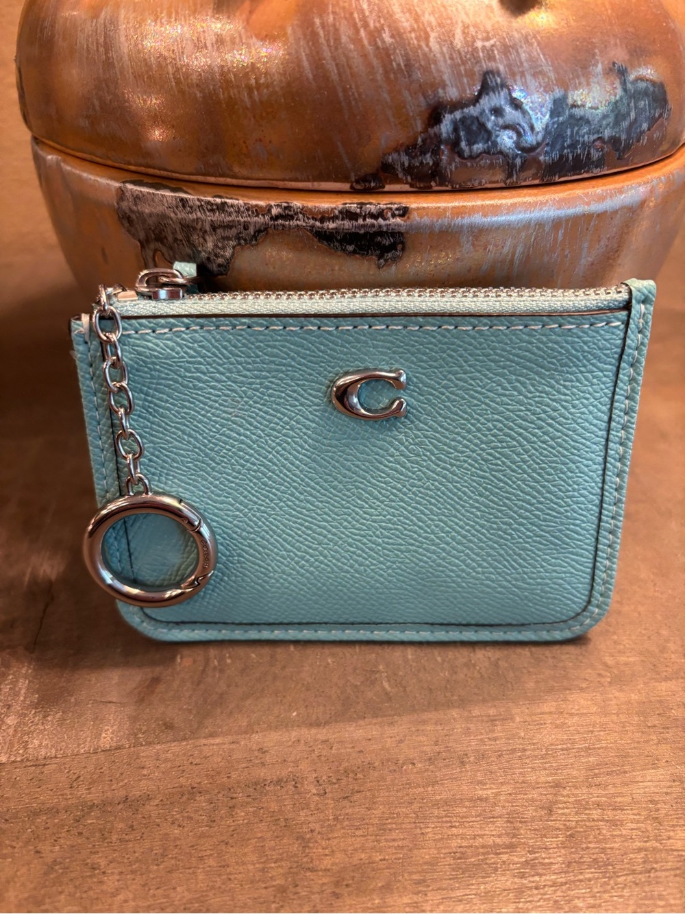 Coach Aqua Pebbled Leather Card Holder with Key Ring